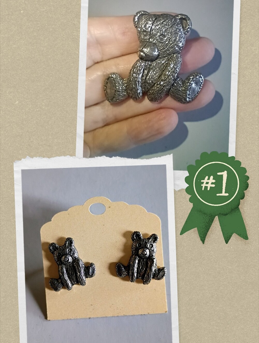Teddy Bear Brooch and Pierced Post Earrings